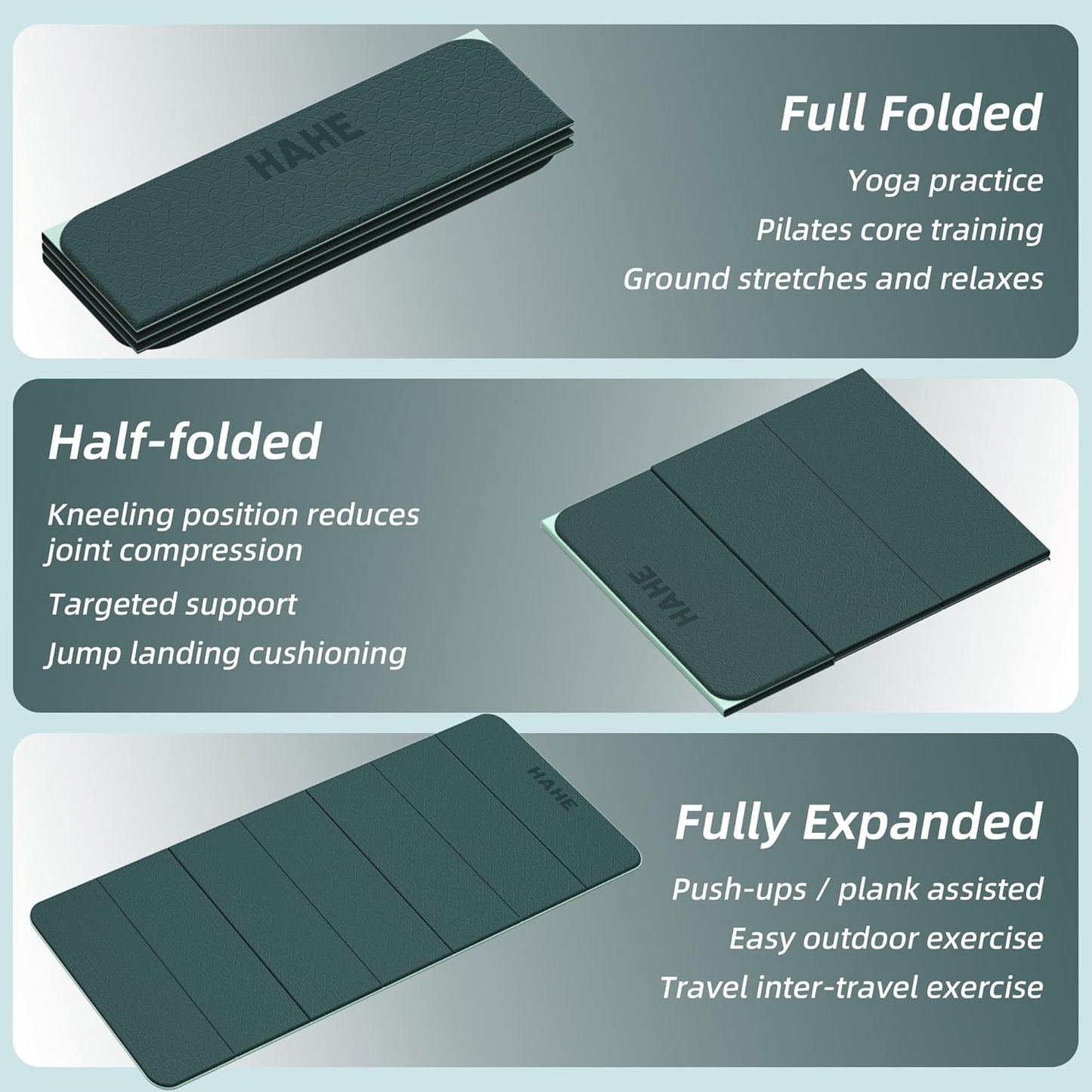 HAHE Foldable Yoga Exercise Mat, 74"Lx32"Wx1/3"Thick, TPE Multi-purpose Workout Mats with Non-slip Surface, Portable for Yoga/Pilates/Studio/Home Gym