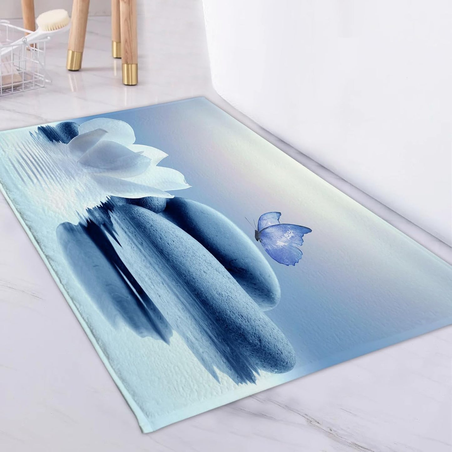HVEST Zen Blue Floral Bathroom Rugs Zen Stone Water Lily and Butterfly on Lake Bath Mats for Bathroom Modern Yoga Spa Bathtub Mat Non Slip Floor Mat Bathroom Decor Accessories,31W X 20L inches