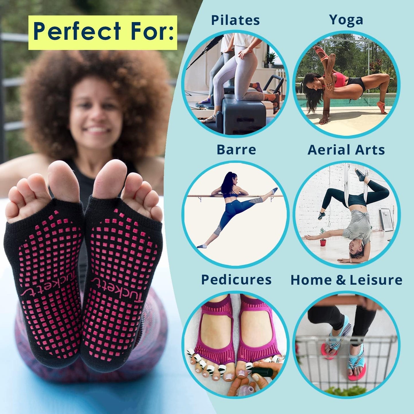 Tucketts Allegro Toeless Pilates Socks with Grips for Women, Non-Slip Open-Toe Grip Socks, Yoga, Barre, Dance, Reformer, Home