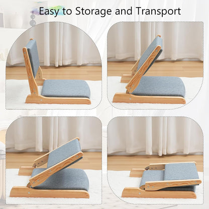 Japanese Floor Chair with Back Support, Foldable Meditation Chair, Legless Tatami Chair with Cushion, Floor Seat for Living Room, Bedroom, Bay Window (1, Gray)