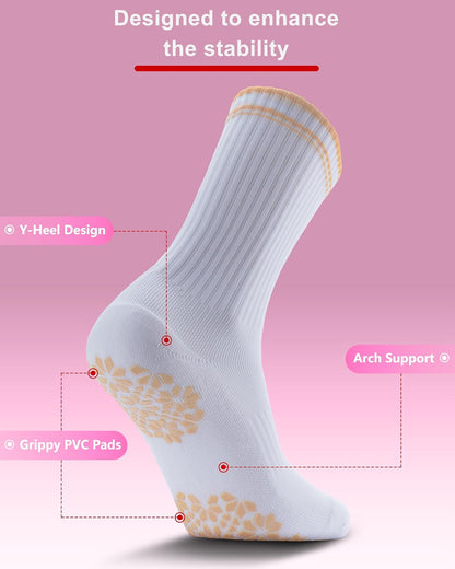 Pilates Grip Socks for Women - Embroidery Athletic Crew, Non-Skid Sticky Soles for Yoga, Barre, Workout & Hospital