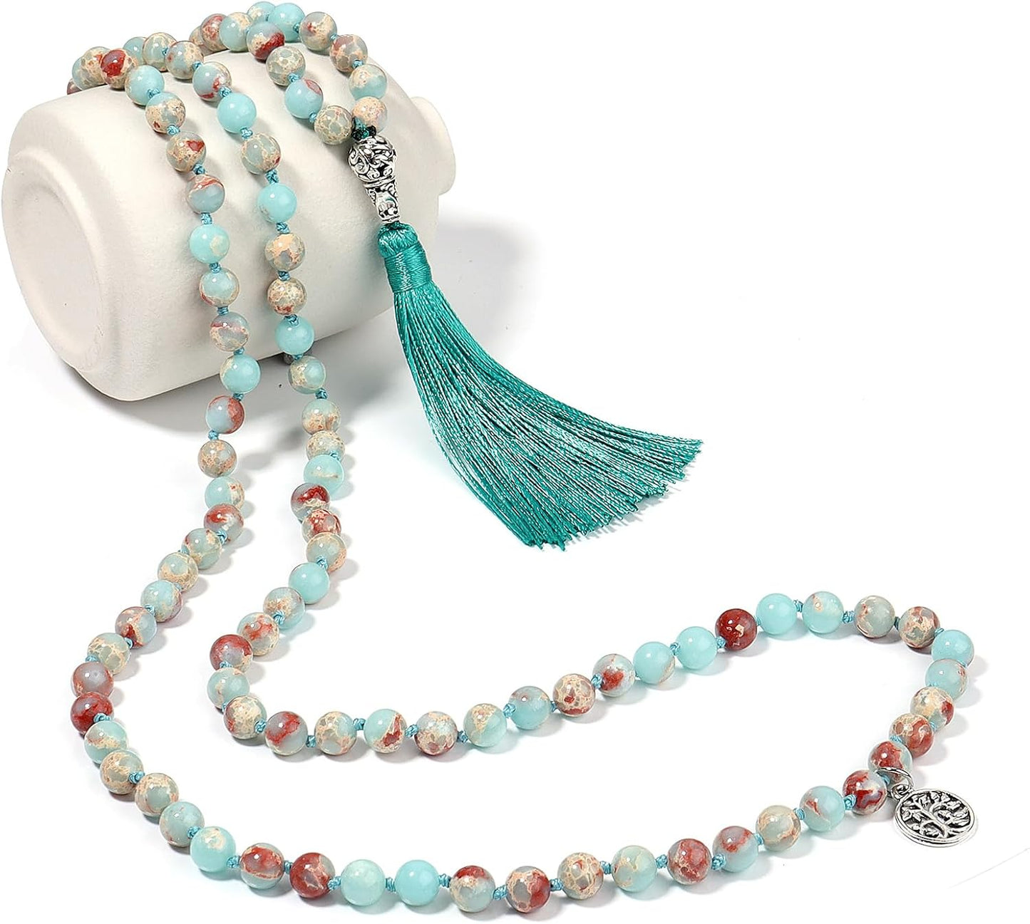 108 Mala Beads Necklace Semi-Precious Gem Stones Meditation Necklace 108 Hand Knotted Japa Mala Beaded Tassel Necklace with Tree of Life Pendant