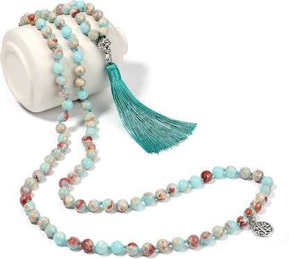 108 Mala Beads Necklace Semi-Precious Gem Stones Meditation Necklace 108 Hand Knotted Japa Mala Beaded Tassel Necklace with Tree of Life Pendant