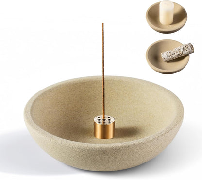 Koville Natural Marble Incense Holder, Incense Holder for Sticks with 9 Holes, Handmade Incense Burner Ash Catcher for Meditation Yoga SPA, Balsam Fir/Palo Santo/Sage/Cone (RoyalBeige)