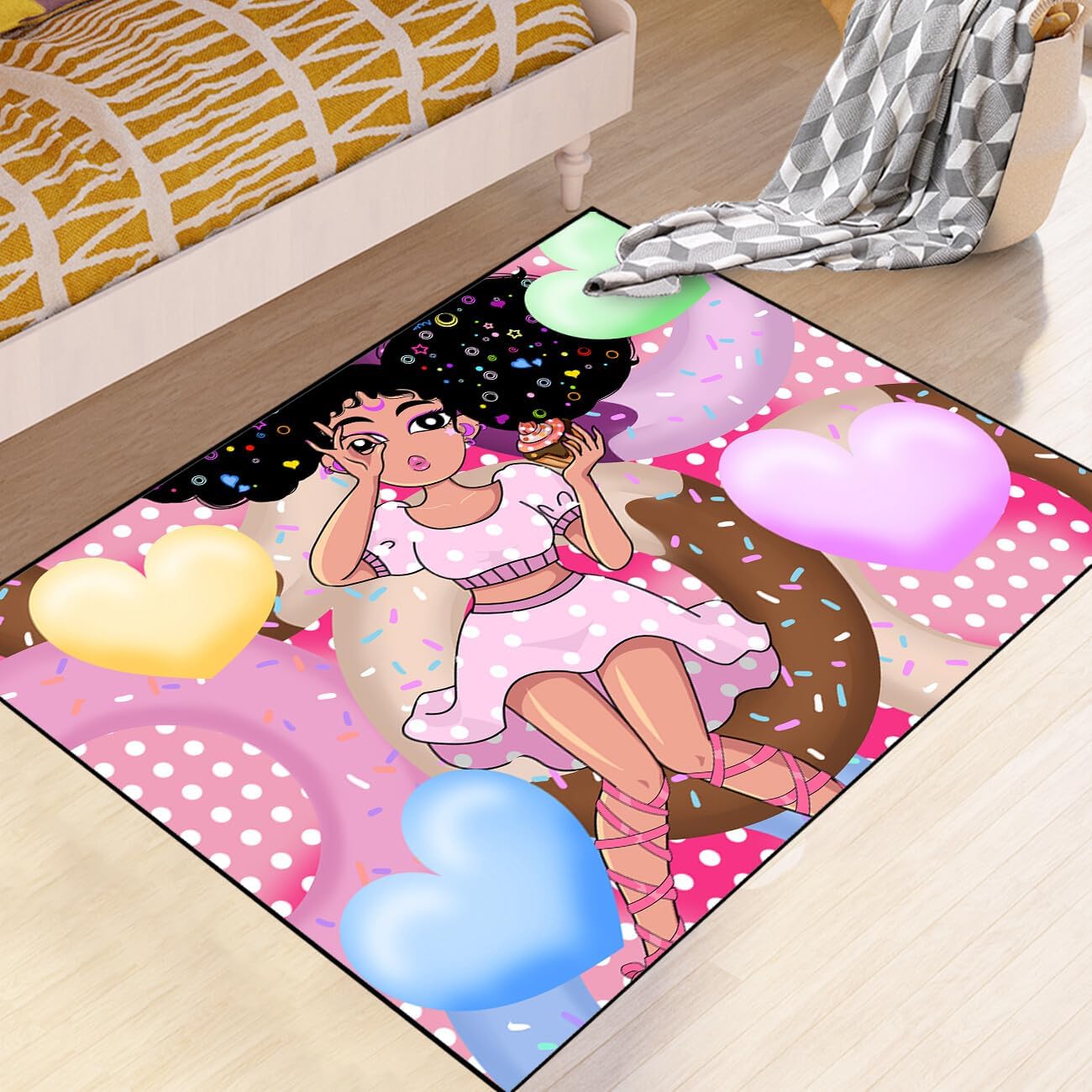 Black Girl Area Rug for Bedroom African Black Girls Floor Rugs for Living Room Playroom Cartoon Art Home Decor Soft Yoga Mats for Women Afro Purple 47" x 31" (2.7 x 3 Feet)