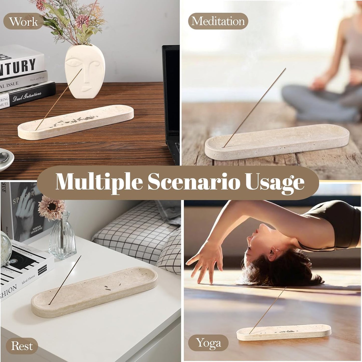 Koville Natural Marble Incense Holder, Incense Holder for Sticks with 9 Holes, Handmade Incense Burner Ash Catcher for Meditation Yoga SPA, Balsam Fir/Palo Santo/Sage/Cone (RoyalBeige)