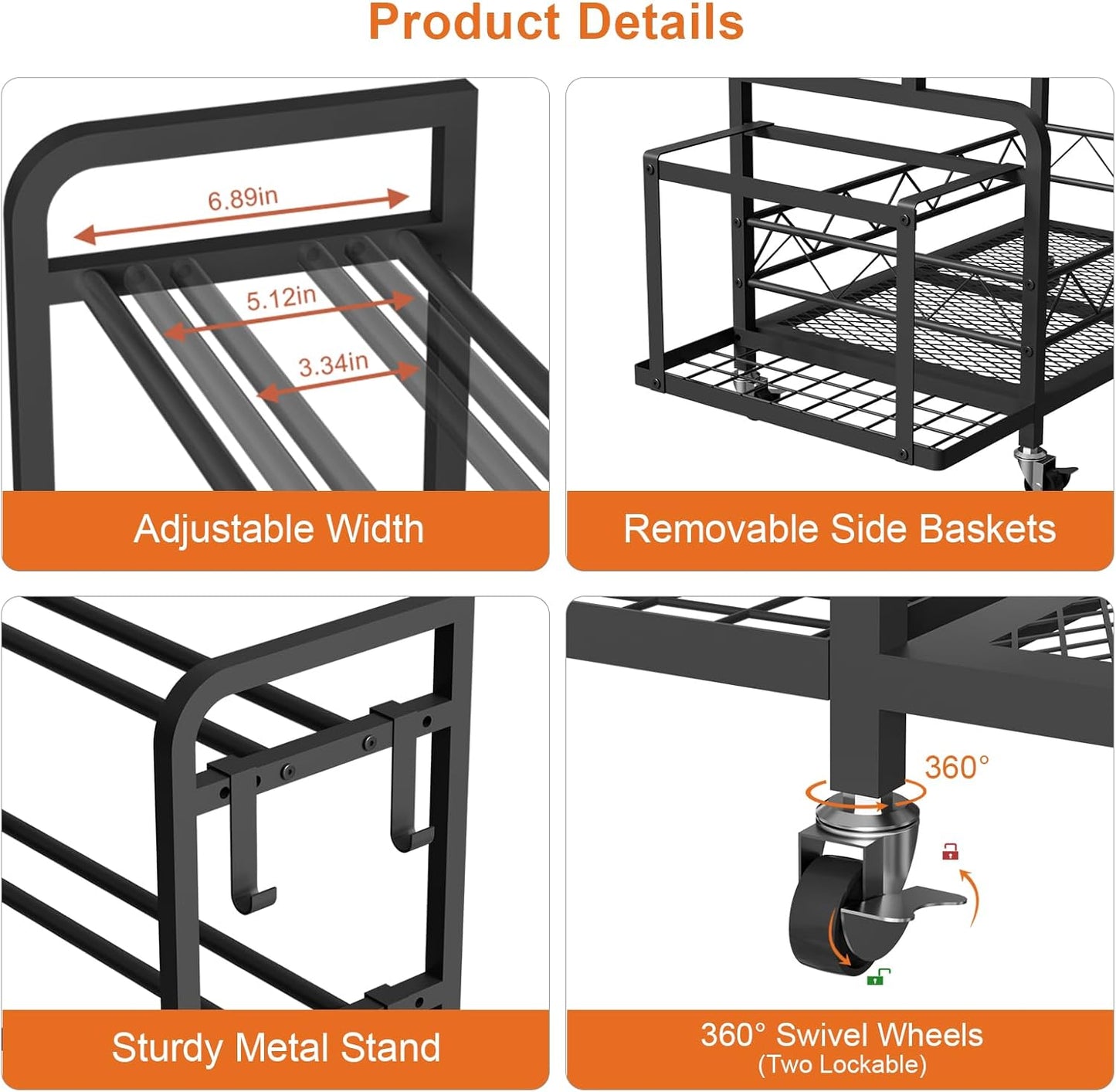 Dumbbell Rack, Adjustable Weight Rack for Home Gym Storage with 4 Wheels, Side Basket, Hooks, Multipurpose Metal Dumbbell Stand for Kettlebells, Yoga Gear, Strength Training Equipment, Black