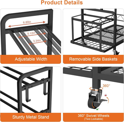 Dumbbell Rack, Adjustable Weight Rack for Home Gym Storage with 4 Wheels, Side Basket, Hooks, Multipurpose Metal Dumbbell Stand for Kettlebells, Yoga Gear, Strength Training Equipment, Black