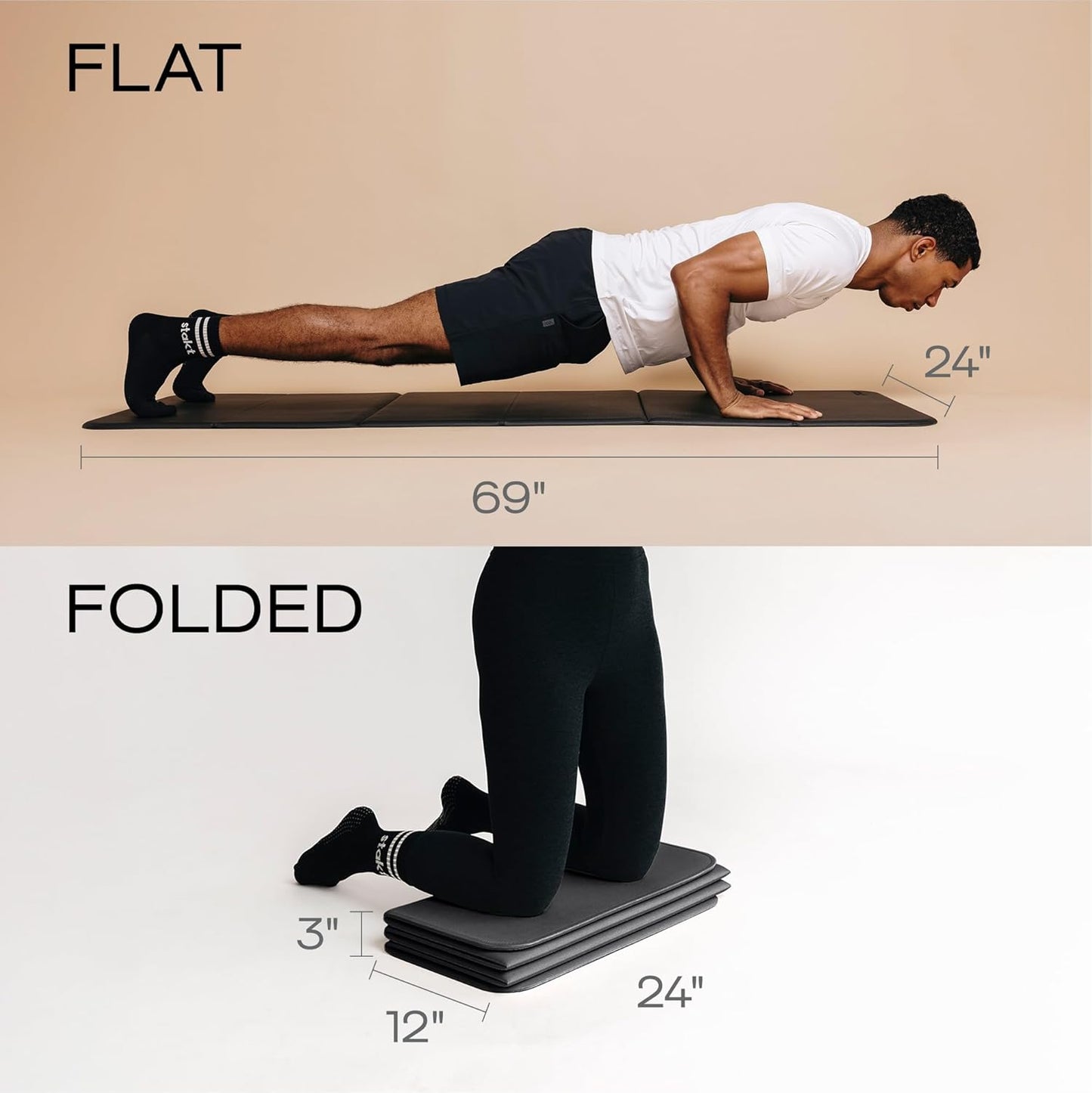 Stakt Foldable Yoga Mat Pro, 2 in 1 with Premium Textured Grip, Non Slip, Folding Exercise and Fitness Mat for Pilates, Strength Training, and High Impact Workouts