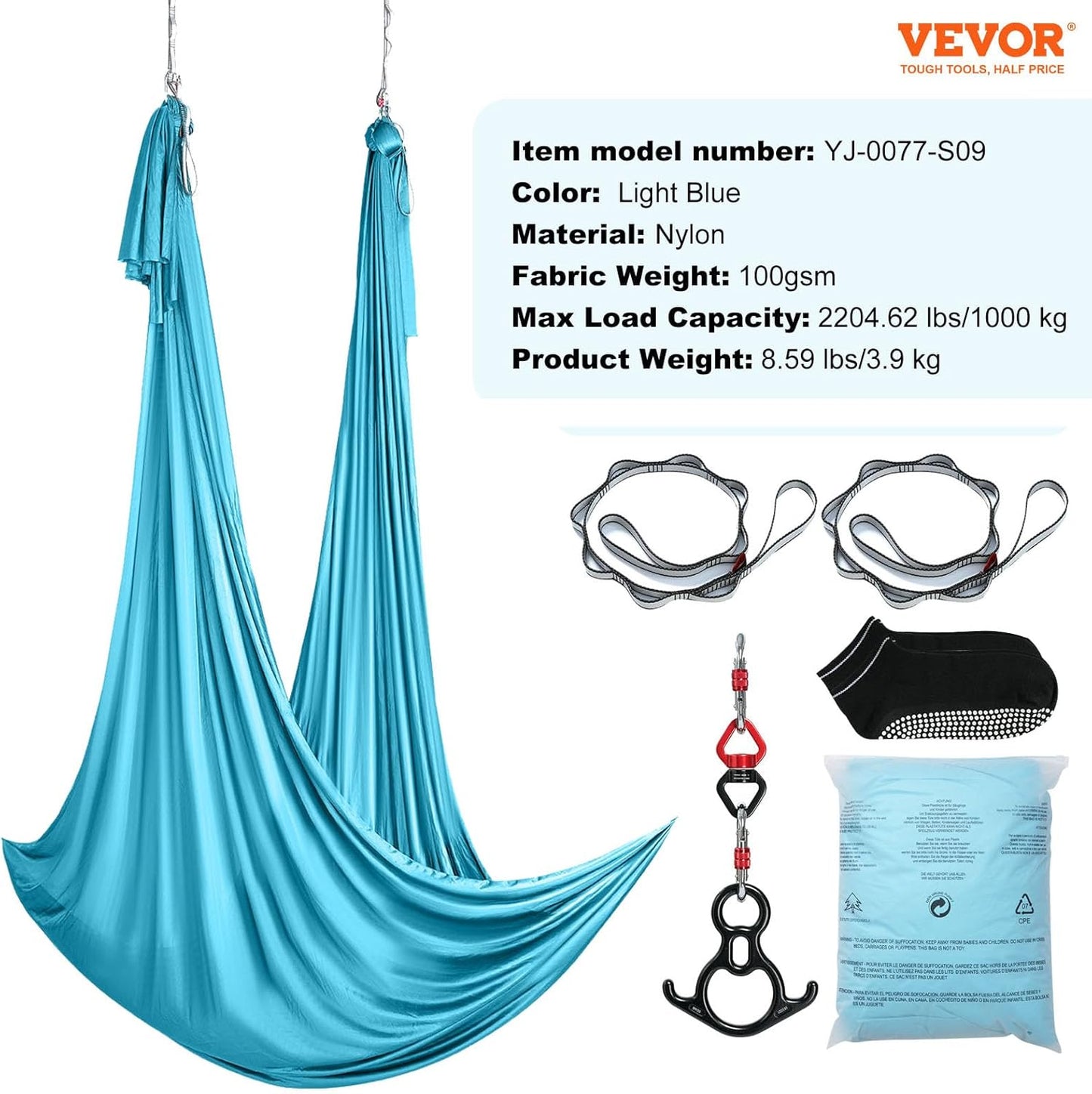VEVOR Aerial Silk & Yoga Swing, Aerial Yoga Hammock Kit with 100gsm Nylon Fabric, Full Rigging Hardware & Easy Set-up Guide, Antigravity Flying for All Levels Fitness Bodybuilding
