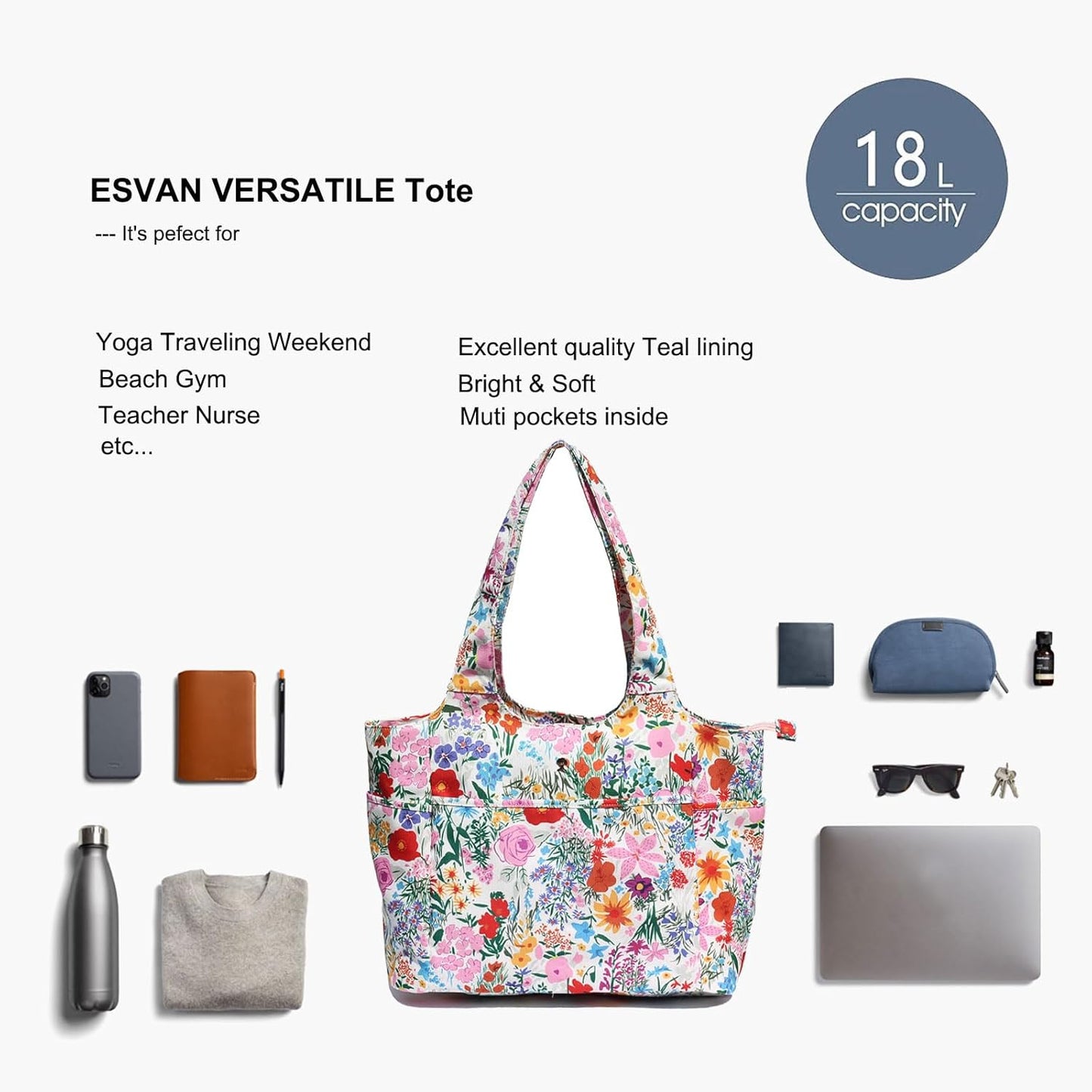 ESVAN Yoga Tote Bag Mat bag Women Shoulder Bags Carryall Tote for Travel Office Workout Gym Nurse Beach