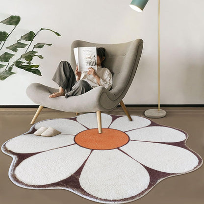 White Flower Shaped Rug, Cute Round Indoor Rug, 39.4" Diameter, High Pile Faux Wool, Non-Slip Backing
