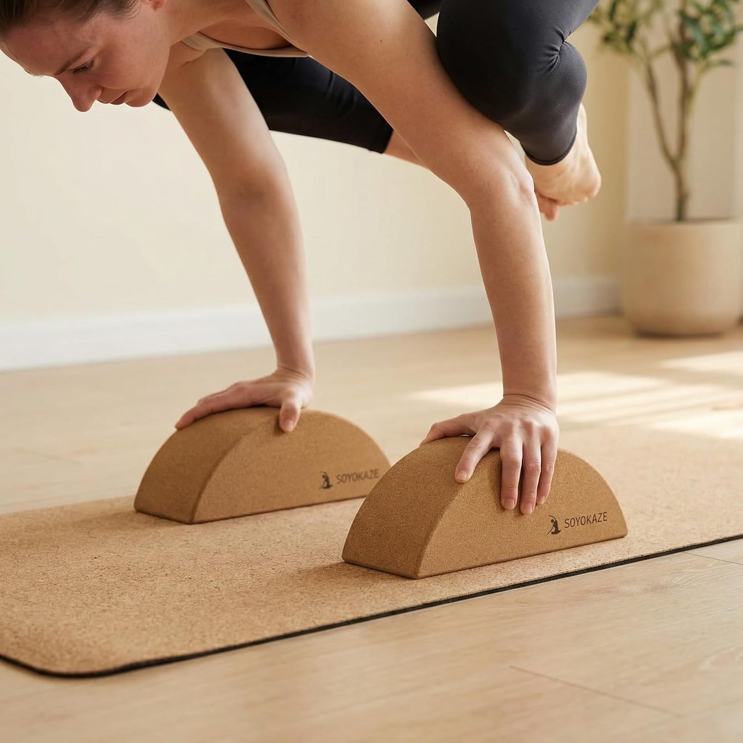 Cork Yoga Blocks 2 Pack Set,Half-Moon Calf Stretcher for Plantar Fasciitis Relief, Ankle Stretcher Pilates Block and Lower Leg Exercise,Improve Balance, Stability & Foot Mobility