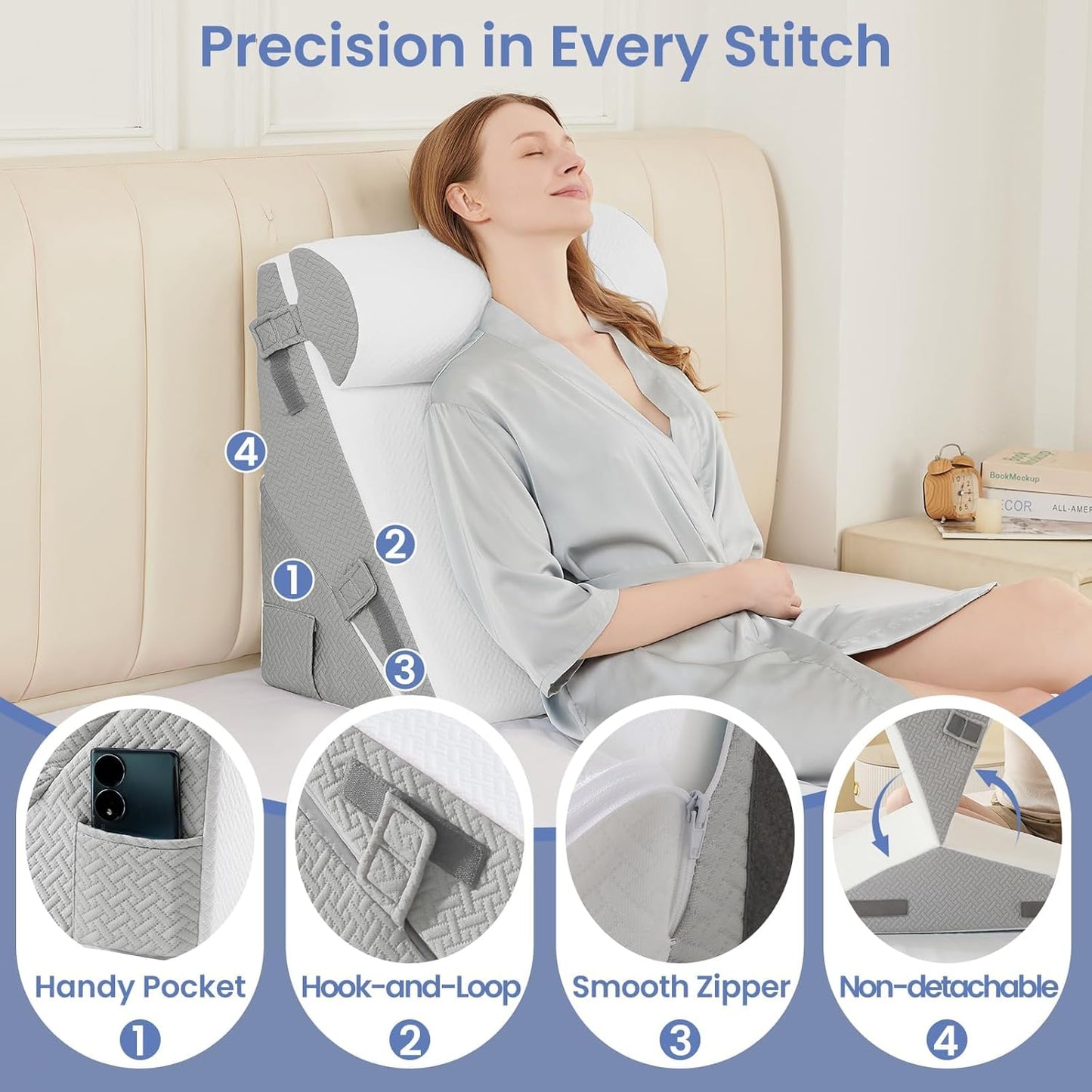 Sasttie Wedge Pillow Set for After Surgery, 2PCS Adjustable Bed Wedge Pillow Headboard with Memory Foam Neck Cushion – for Acid Reflux, Sleeping, Neck & Back Support, Dark Grey