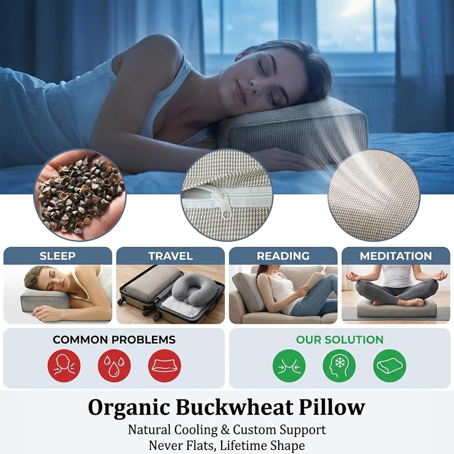 Adjustable Buckwheat Hull Pillow for Neck Pain Relief (21x8x4in) Natural Cooling Cervical Support Organic Pillow for Side & Back Sleepers with Night Sweats (Grey)