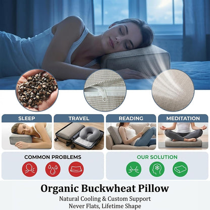 Adjustable Buckwheat Hull Pillow for Neck Pain Relief (21x8x4in) Natural Cooling Cervical Support Organic Pillow for Side & Back Sleepers with Night Sweats (Grey)