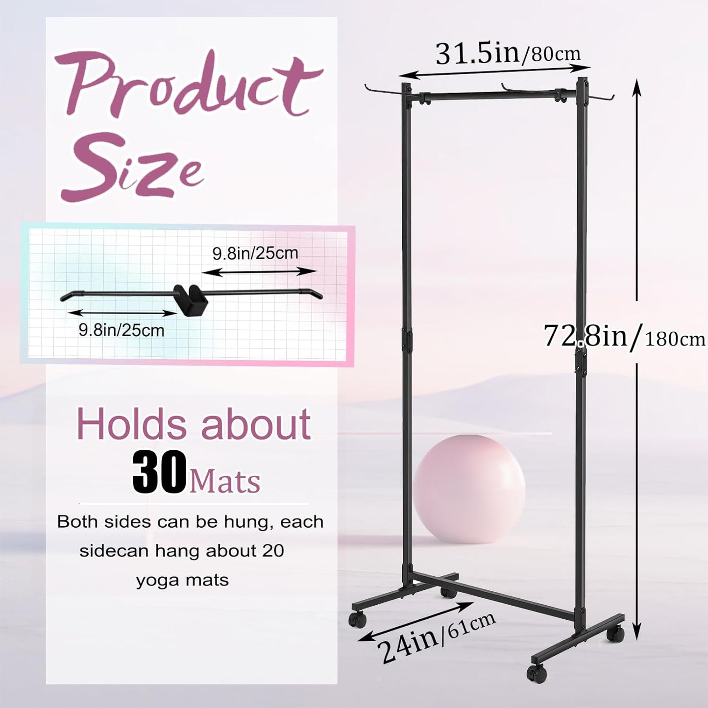 Yoga Mat Storage Rack on Wheels, Metal Yoga Mat Holder with Double Sided Hooks & Punching Tool, Rolling Organizer Cart for Home Gym, Exercise & Fitness Club