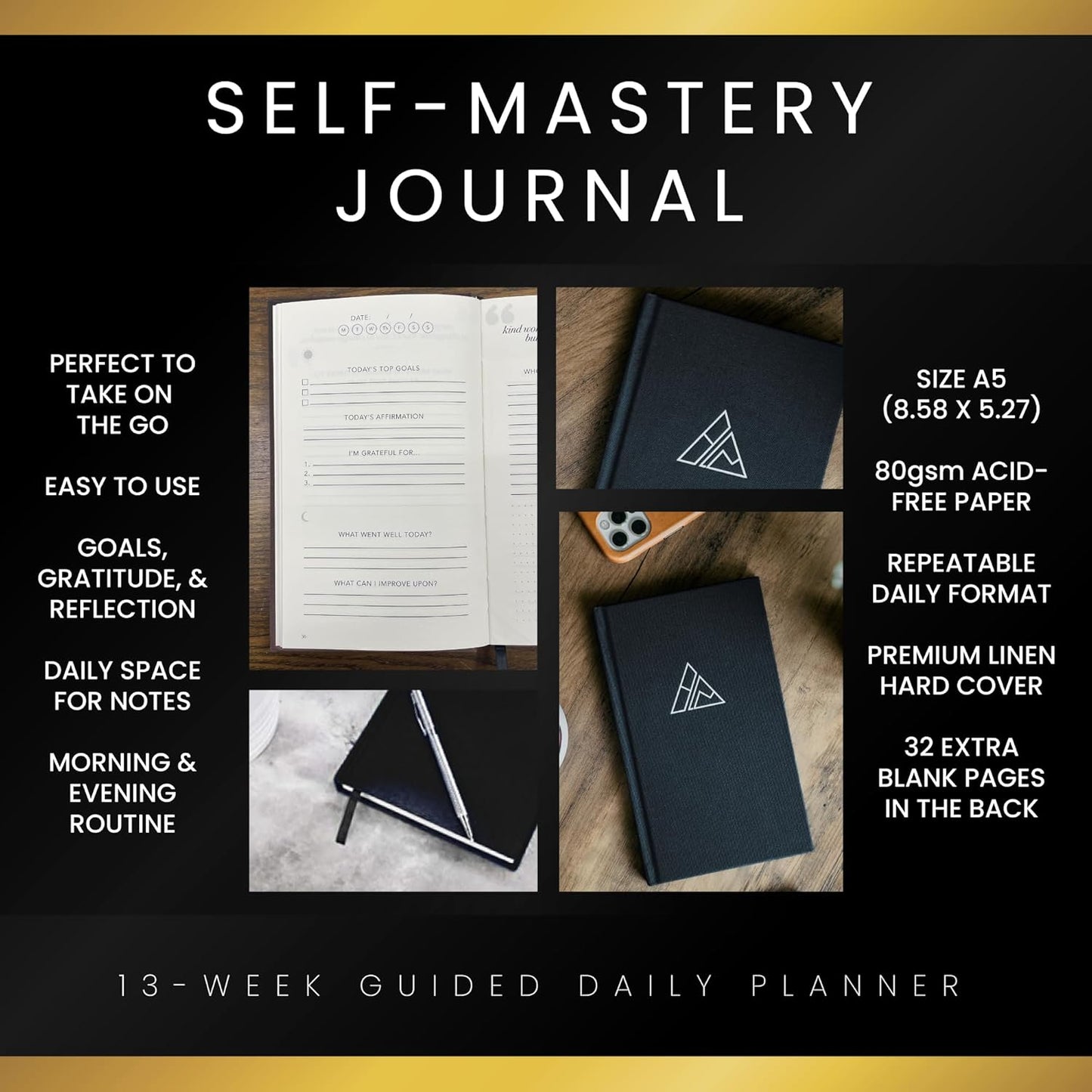 Self-Mastery Journal for Men with Prompts - 13 Week Guided Gratitude Journal - 5 Minute Journal - Reflection Manifestation Journals for Mindfulness - Self Care Journal - Goal Journal for Women & Men