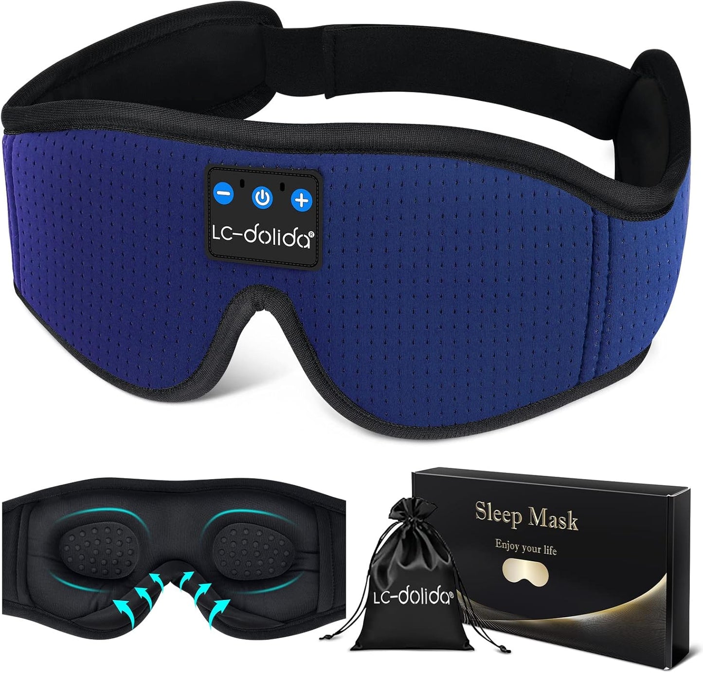 LC-dolida Sleep Headphones, 3D Sleep Mask Bluetooth Wireless Music Eye Mask, Sleeping Headphones for Side Sleepers Sleep Mask with Bluetooth Headphones Ultra-Thin Stereo Speakers Perfect for Sleeping
