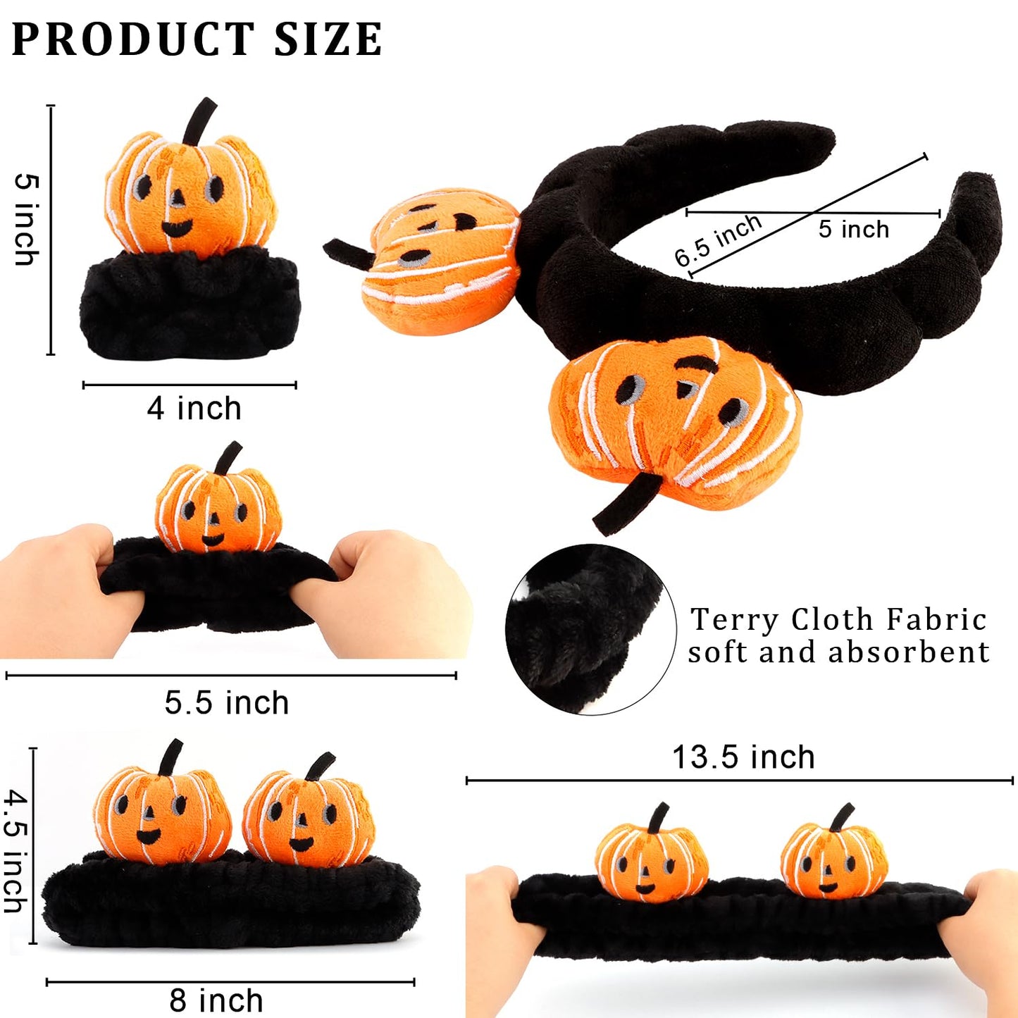 CUBACO 4 Pcs Skincare Headbands for Face Washing Cute Halloween Pumpkin Spa Headband and Wristband Set for Women Fluffy Makeup Headband for Women Girls Makeup Sports Shower Pumpkin Hair Accessories
