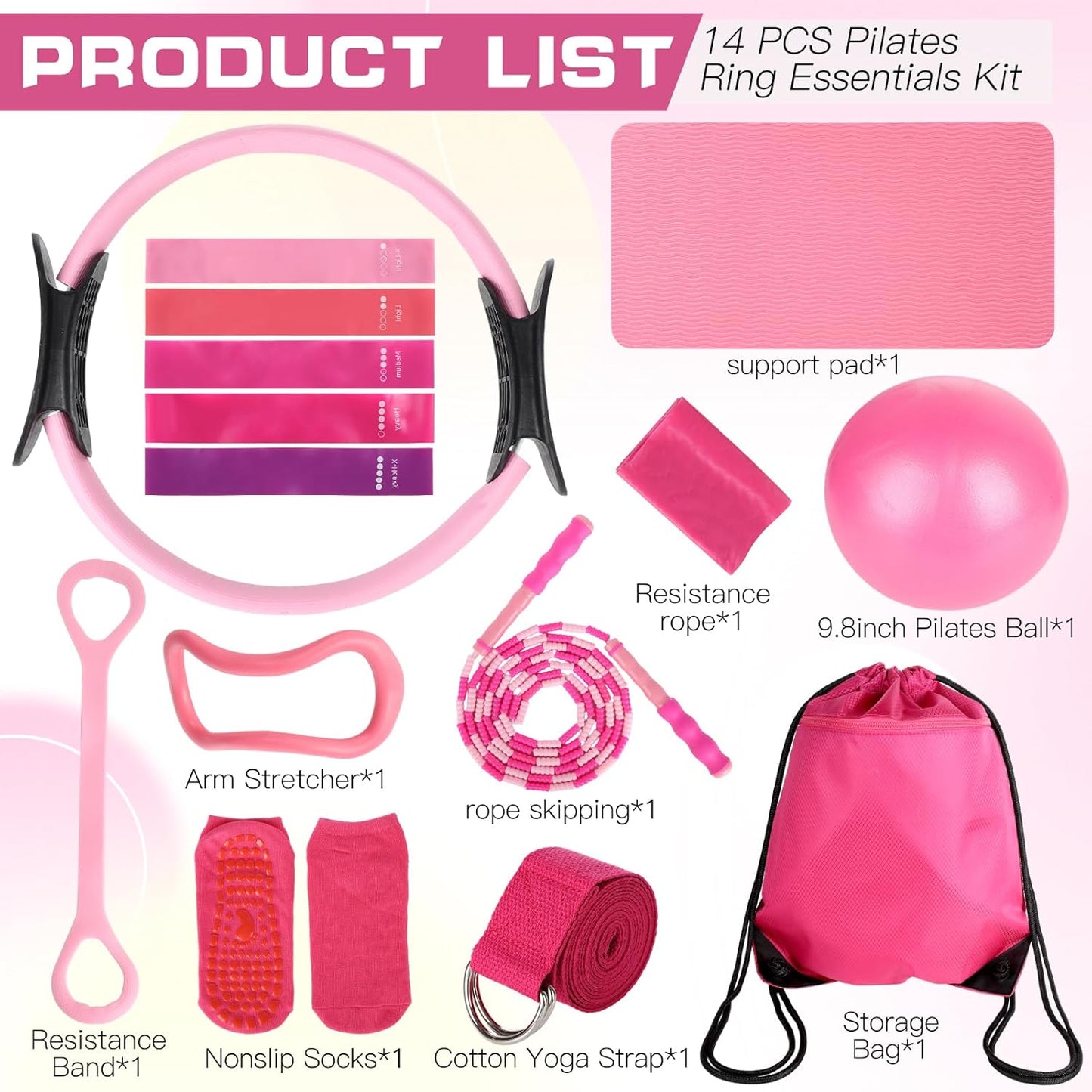 15 Pcs Home Pilates Essentials Kit for Women,Pilates Kit with 9 Inch Yoga Ball,Pilates Ring,Resistance Bands,Jump Rope,Workout Sets for Women,Pilates Equipment Set for Starter Toning Workout at Home