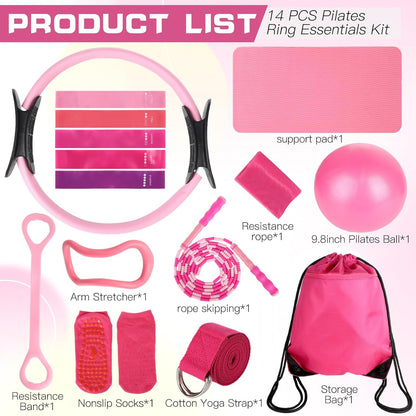 15 Pcs Home Pilates Essentials Kit for Women,Pilates Kit with 9 Inch Yoga Ball,Pilates Ring,Resistance Bands,Jump Rope,Workout Sets for Women,Pilates Equipment Set for Starter Toning Workout at Home