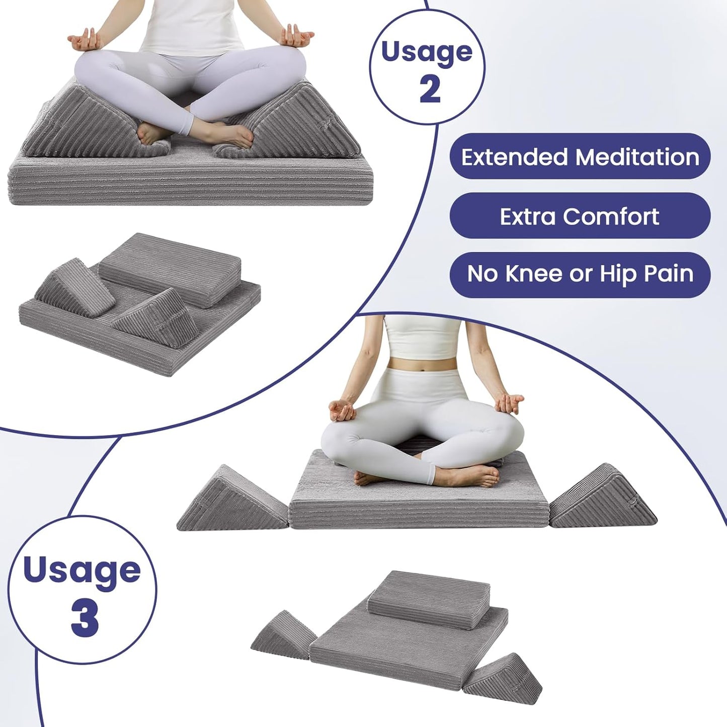 Meditation Cushion Set, Meditation Pillow for Sitting on Floor, Large Yoga Pillow with Knee Support, Washable Zafu Meditation Mat, 3 Shapes Floor Pillow for Adults, Dark Grey