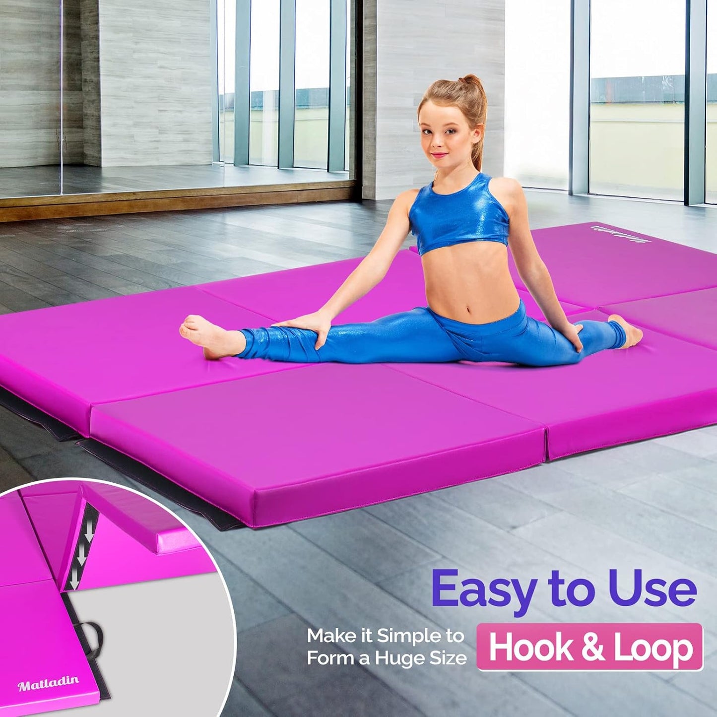 Matladin 6' Folding Tri-fold Gymnastics Gym Exercise Aerobics Mat, 6ft x 2ft x 2in PU Leather Tumbling Mats with Hook & Loop Fastener for Stretching Yoga Cheerleading Martial Arts