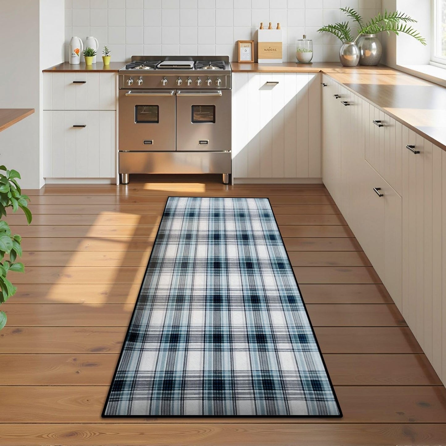 Runner Rug Washable 2x6 White Navy Blue Green Tartan Plaid Scottish Texture from Tartan Plaid Non-Slip Hallway Area Rug Indoor Outdoor Home Decor for Entryway Bathroom Kitchen Carpet Yoga Floor Mat