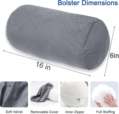 1 MIDDLE ONE Round Cylinder Bolster Pillow with Removable Velvet Cover, Tube Roll Cervical Pillow for Head, Neck, Back and Legs Support, 13" x 6", Grey