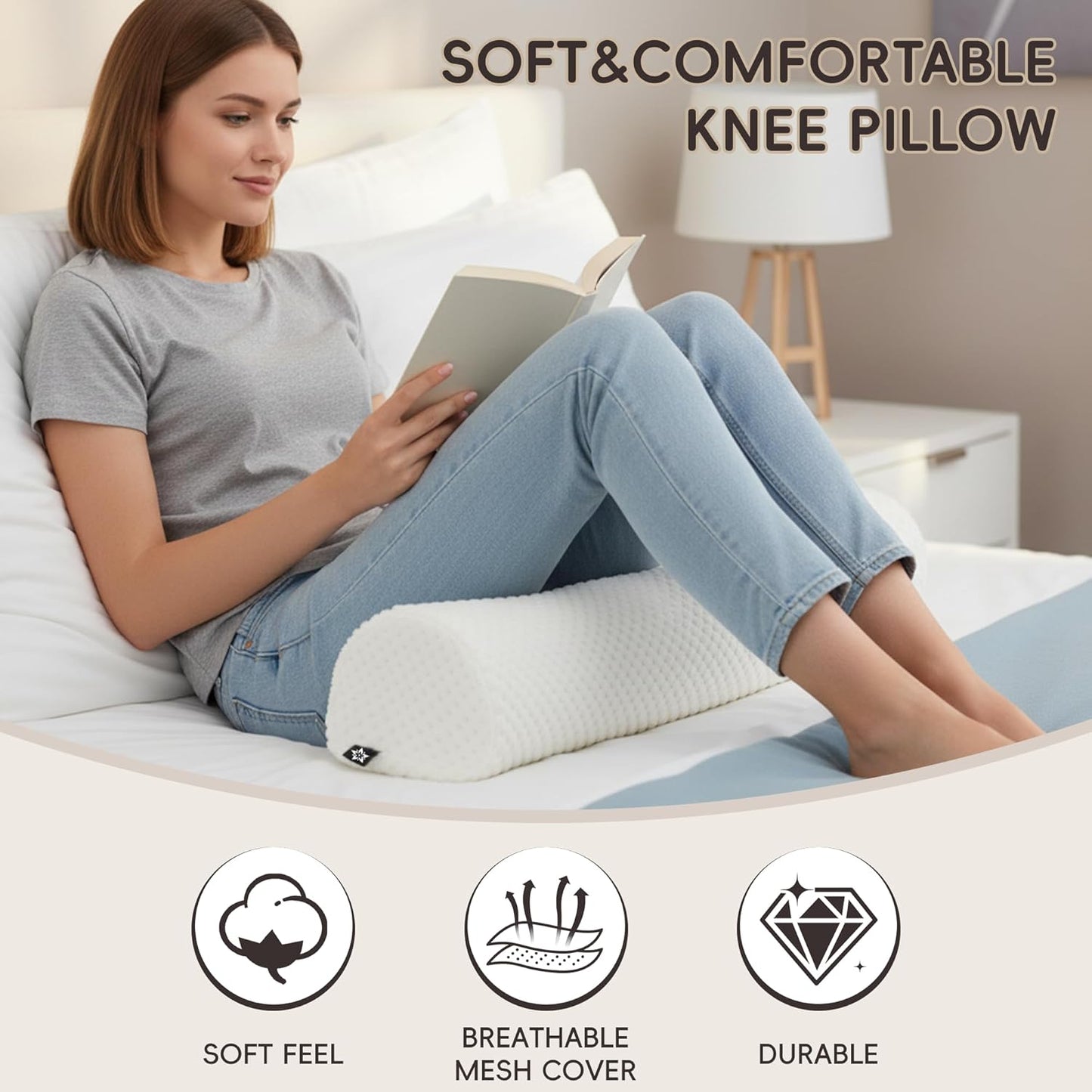 SPRING SEAON Half Moon Bolster Knee Pillow for Back Sleeping Memory Foam Leg Pillow for Ankle and Foot Comfort Under Knee Pillow for Side Sleepers Machine Washable Cover(17" x 7.5" x 4.3")