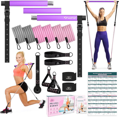 COFOF Pilates Bar Kit with Resistance Bands, Multifunctional Yoga Pilates Bar with Heavy-Duty Metal Adjustment Buckle, Portable Home Gym Pilates Resistance Bar Kit for Women Full Body Workouts