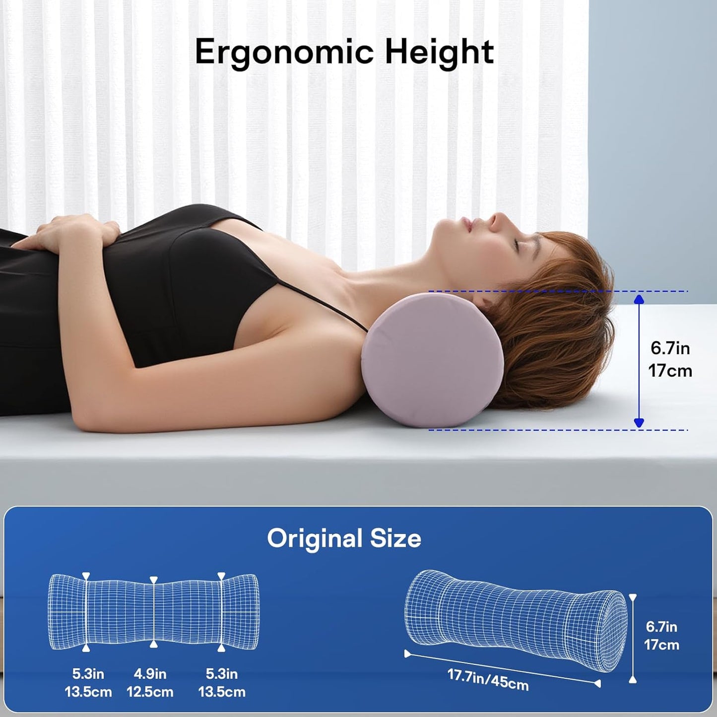 Neck Roll Pillow - Memory Foam Round Neck Pillow for Sleeping - Cooling Cover Cervical Roll Pillow - Ergonomic Bolster Pillow for Neck, Leg, Back, Yoga, Relaxing (Grey Blue)