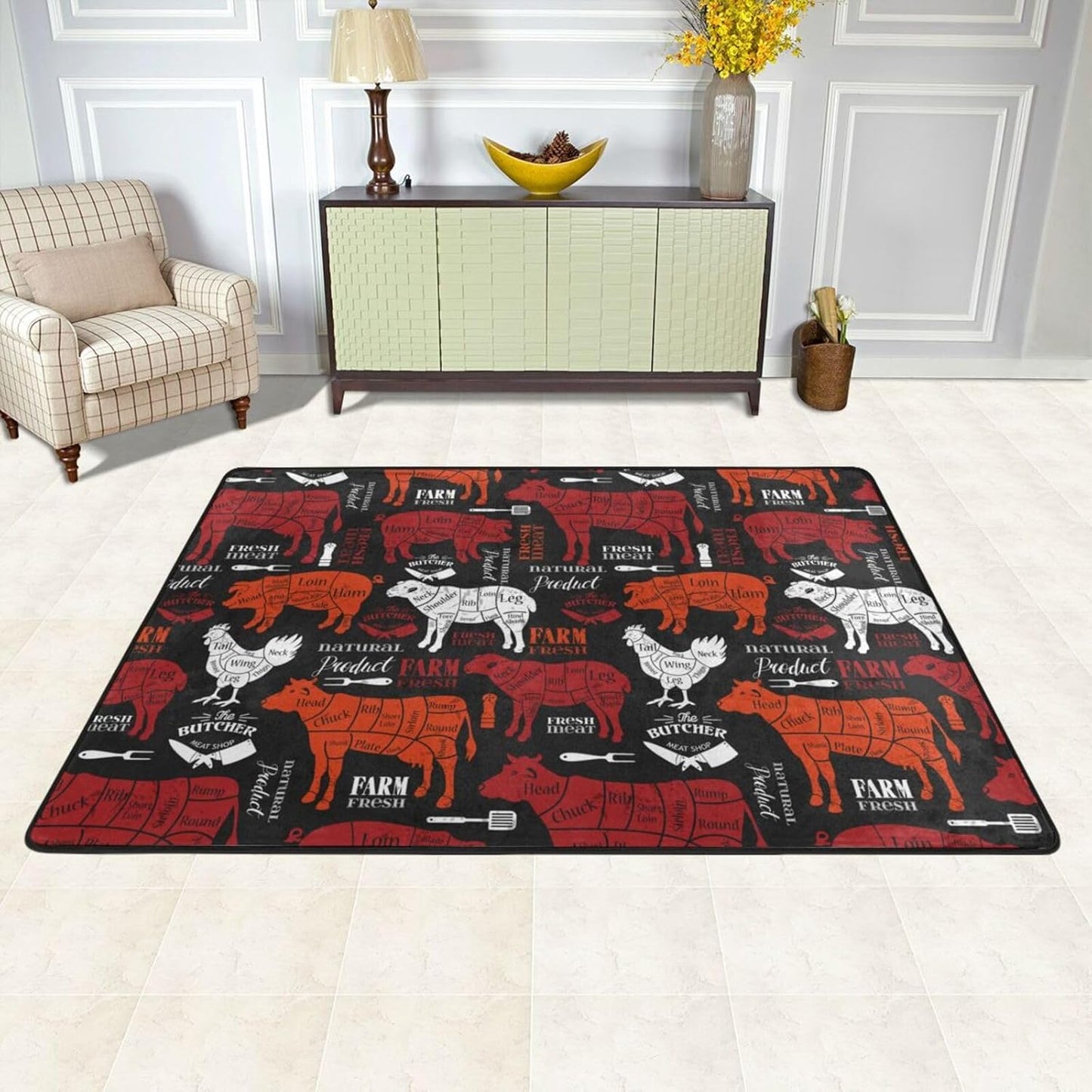Meat Cuts Diagrams for Butcher Shop Super Soft Flannel Area Rug - Multi-Use Floor Mat for Bedroom, Yoga Corner & Play Spaces