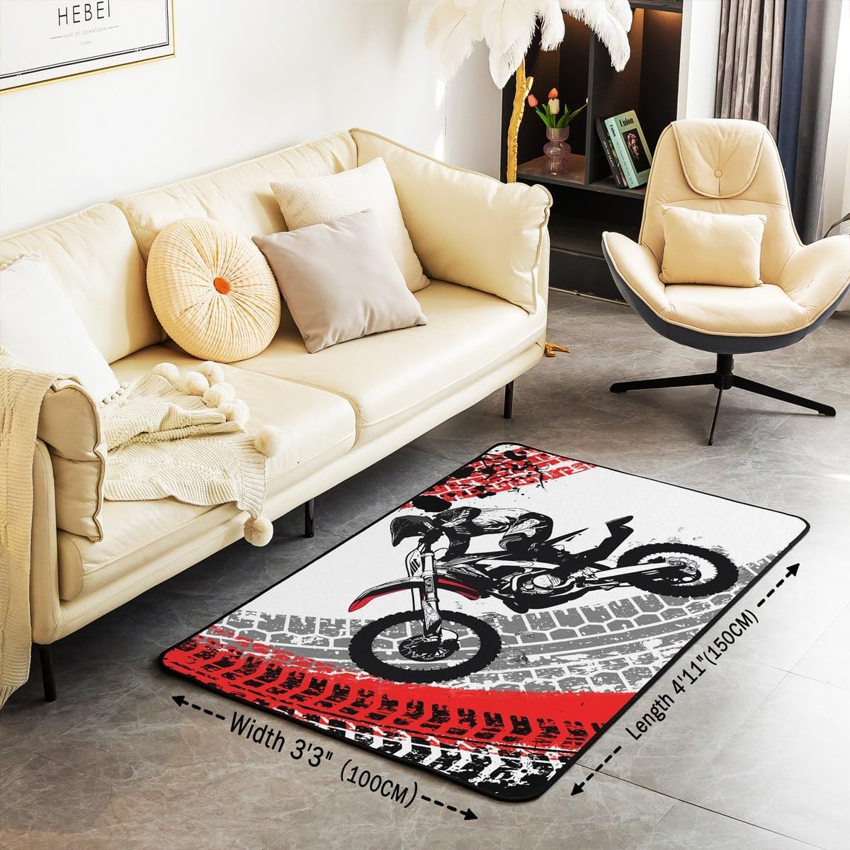 Feelyou Dirt Bike Area Rug 3x5 Kids Extreme Sports Green Honeycomb Living Room Rugs for Bedroom Boys Girls Teens Racing Motocross Rider Decorative Carpet Rug Non-Slip Motorcycle Indoor Floor Mat