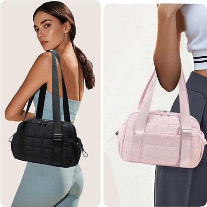 CAMTOP Mini Gym Bag for Women, Small Gym Tote Bag Puffy Quilted Sports Duffel Bag with Wet Compartment and Coin Purse Duffel Bags Dance Yoga Workout Bag for Gifts (All Black, Mini-12.6")