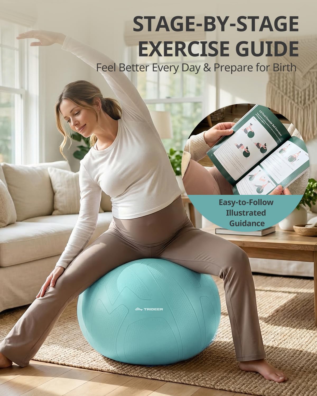 Trideer Pregnancy Birthing Ball, 1.7mm Extra Thick Yoga Ball for Maternity, Labor, Physio, Recovery, Exercise Guide & Daily Comfort Tips for All Trimesters, 1000LB Anti-Burst Non-Slip Stability Ball