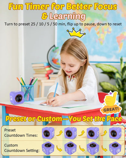 Digital Pomodoro Timer Cube 5/10/25/50min, Visual Productivity Flip Timer for Kids Classroom Desk, Custom Countdown, Silent and Sound Mode for ADHD Study Work Game Kitchen (Black)