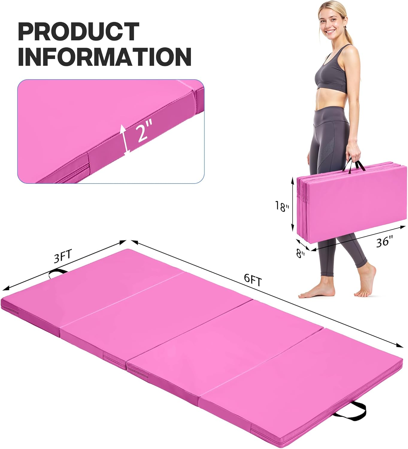 Outdoor Basic 6'x3'x2'' Gymnastics Mats Portable 4-Fold Tumbling Mat Thick Yoga Mat with PU Leather & Carry Handle for Home Workout, Yoga, MMA Core Training, Pilates