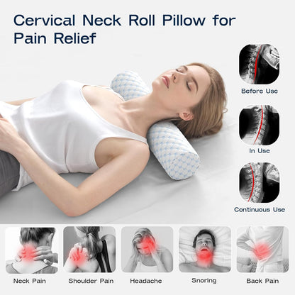 Neck Roll Pillow, Memory Foam Neck Support Pillows, Round Neck Pillows, Cylinder Bolster Pillows for Bed, Couch, and Yoga, Removable Washable Cover,18 * 4.1 * 4.1inch (Cool-Blue)