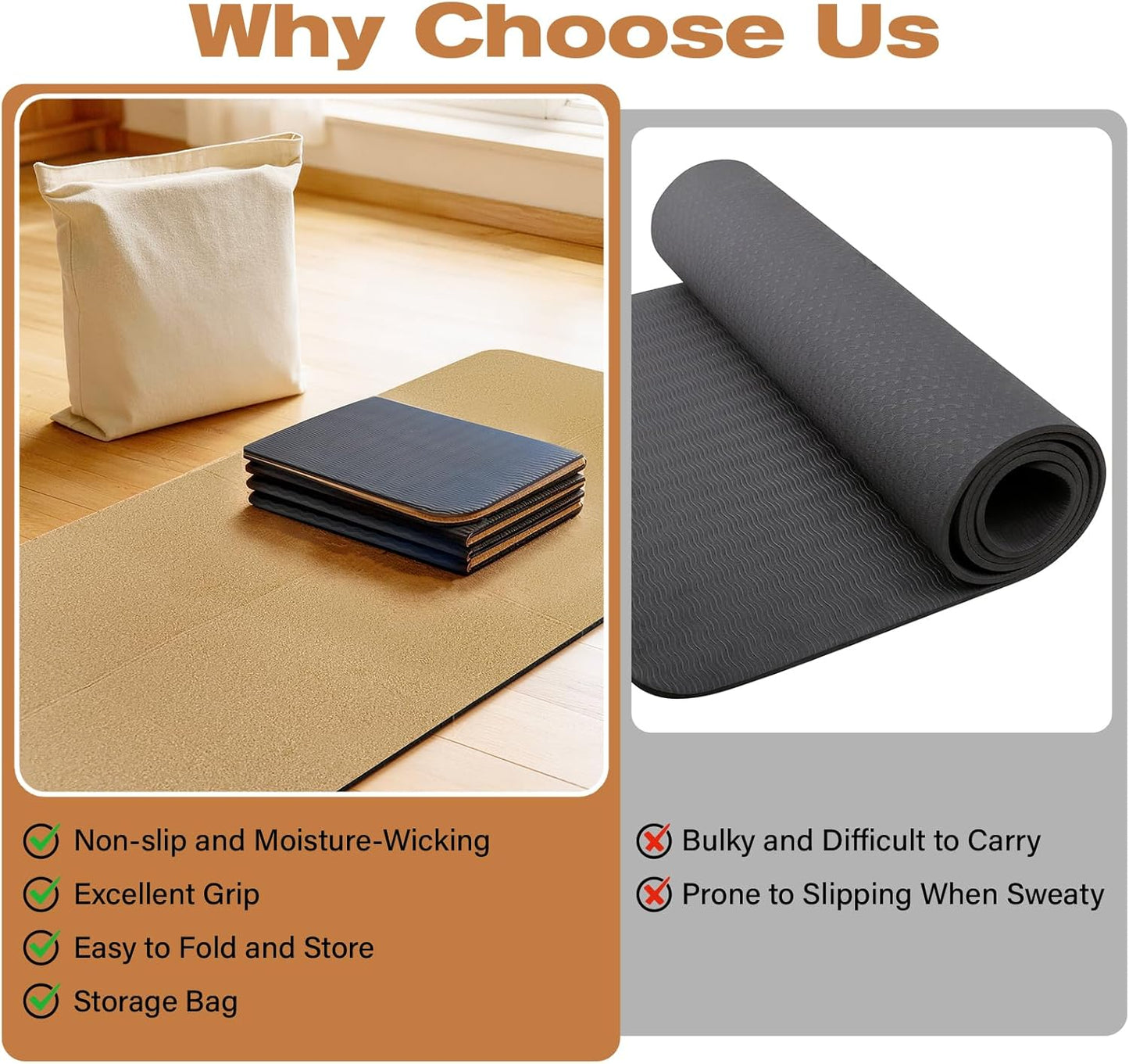 LILXIU Foldable Cork Yoga Mat 72 * 24 in 4 mm Thick Sweat Resistant with Rubber Base Hot Yoga Mat with Storage Bag Lightweight Grip Mats for Travel and Pilates Fitness Home Workouts