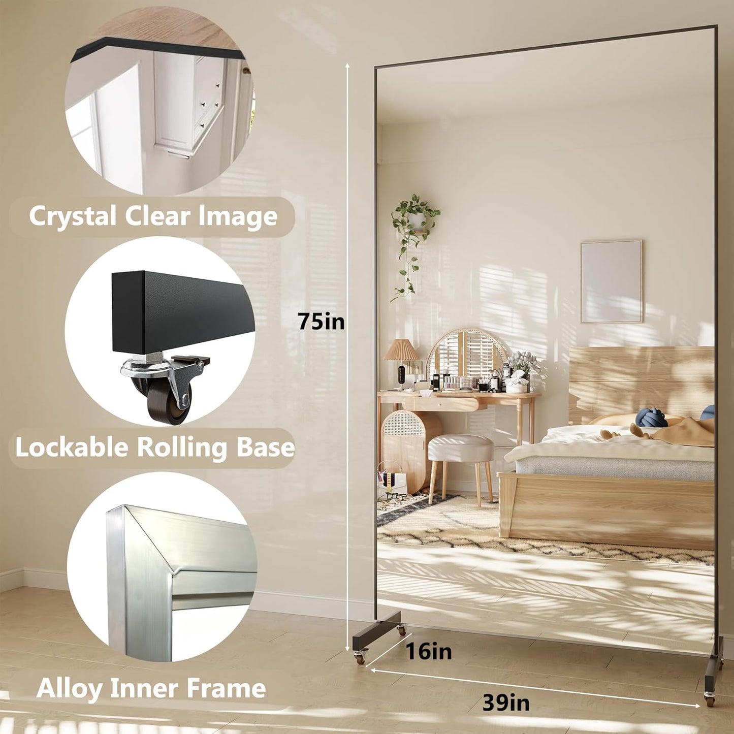Full Length Floor Mirror with Wheels, Super Lightweight Glassless Shatterproof Film Mirror, Rolling Mirror for Home Gym, Dance Studio, Yoga Room, 67×20Inch, White