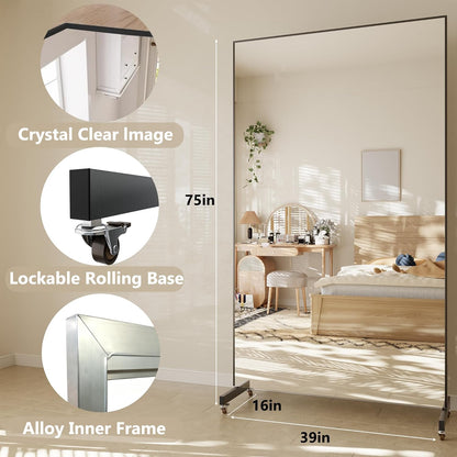 Full Length Floor Mirror with Wheels, Super Lightweight Glassless Shatterproof Film Mirror, Rolling Mirror for Home Gym, Dance Studio, Yoga Room, 67×20Inch, White