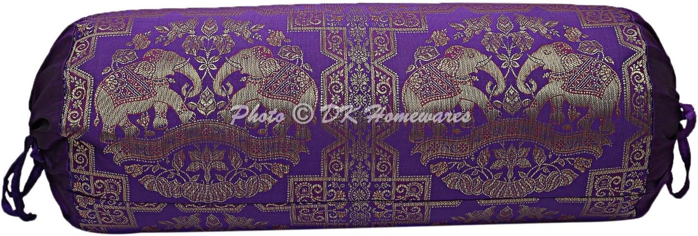 Indian Home Decor Living Room Bolster Yoga Rectangular Pillowcase Cover Cylindrical Hotdog Purple Tubular Jacquard Brocade Silk Elephant Traditional Throw Cushion Cover 76x38 cm - 1 Pc