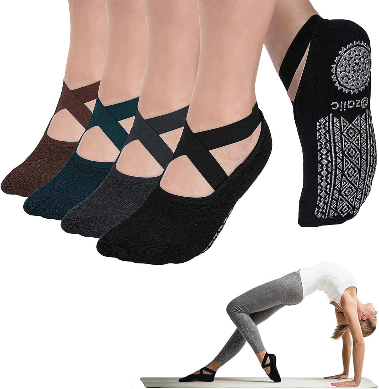 Ozaiic Pilates Socks for Women Non Slip Grip, Yoga Socks with Grippers for Barre, Hospital, Ballet, Dance, Barefoot Workout