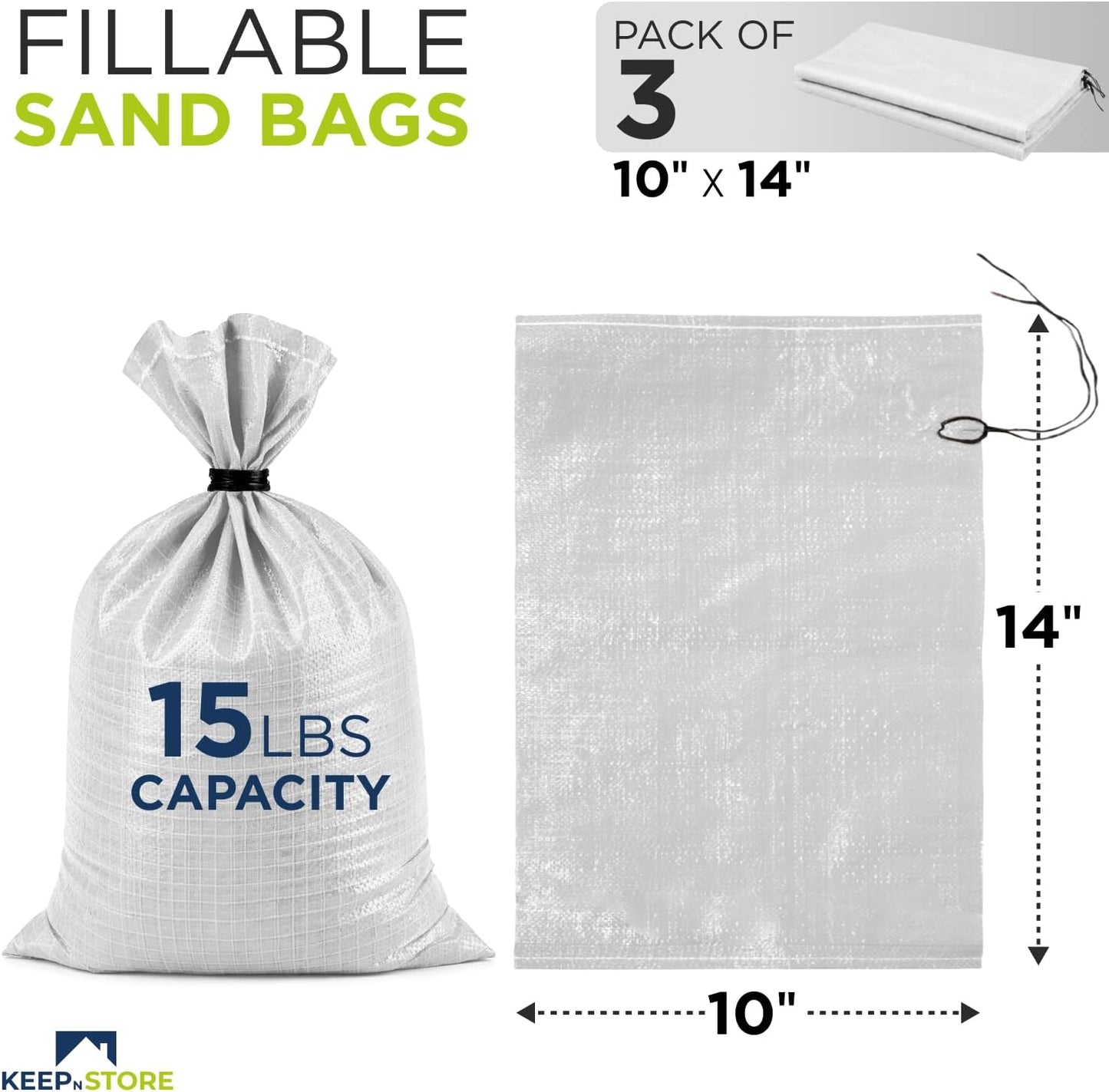 Heavy Duty Sand Bags Pack of 3, White Empty Sandbags with Built-In Ties, Woven Polypropylene UV Protection 1600 Hours, Fillable Sand Bags for Flood Control, Weight, 10x14 inches, 15 Pounds Volume