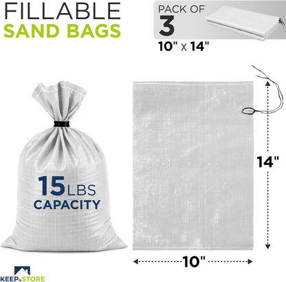 Heavy Duty Sand Bags Pack of 3, White Empty Sandbags with Built-In Ties, Woven Polypropylene UV Protection 1600 Hours, Fillable Sand Bags for Flood Control, Weight, 10x14 inches, 15 Pounds Volume