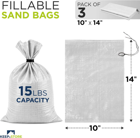 Heavy Duty Sand Bags Pack of 3, White Empty Sandbags with Built-In Ties, Woven Polypropylene UV Protection 1600 Hours, Fillable Sand Bags for Flood Control, Weight, 10x14 inches, 15 Pounds Volume