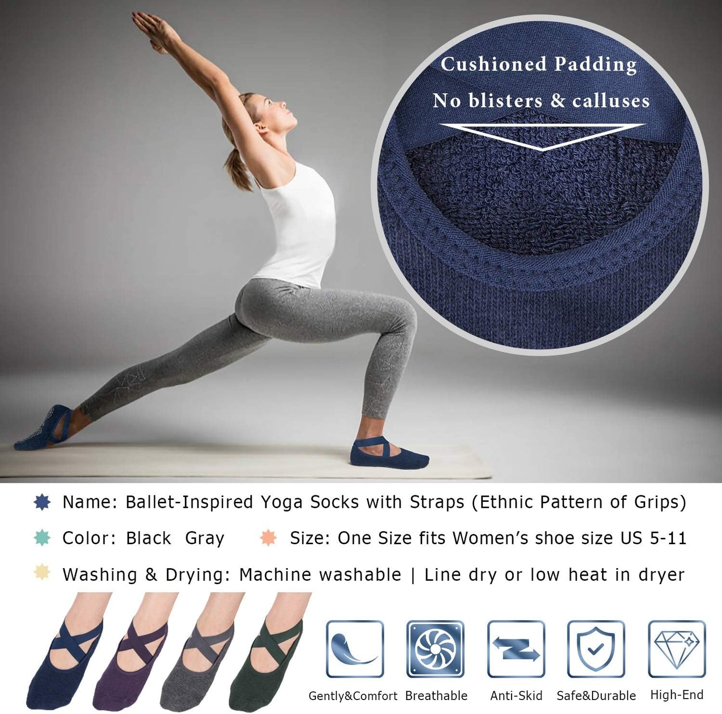 Ozaiic Pilates Socks for Women Non Slip Grip, Yoga Socks with Grippers for Barre, Hospital, Ballet, Dance, Barefoot Workout