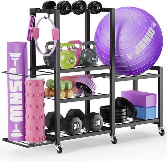 6-Tier Multi-Functional Home Gym Storage Rack with Wheels and Hooks, Adjustable Weight Rack for Dumbbells Kettlebells Yoga Mat and Balls, Space Saving Workout Equipment Storage Organizer